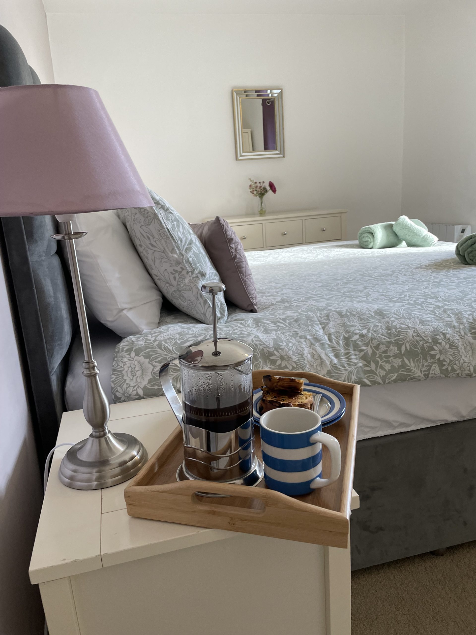 Superking bedroom breakfast in bed Higher Trewithen Holiday Cottages